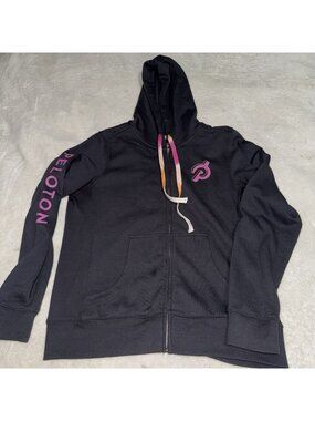 Peloton Womens L Gray Full Zip Hoodie Sweatshirt Logo Graphic Pink Orange
